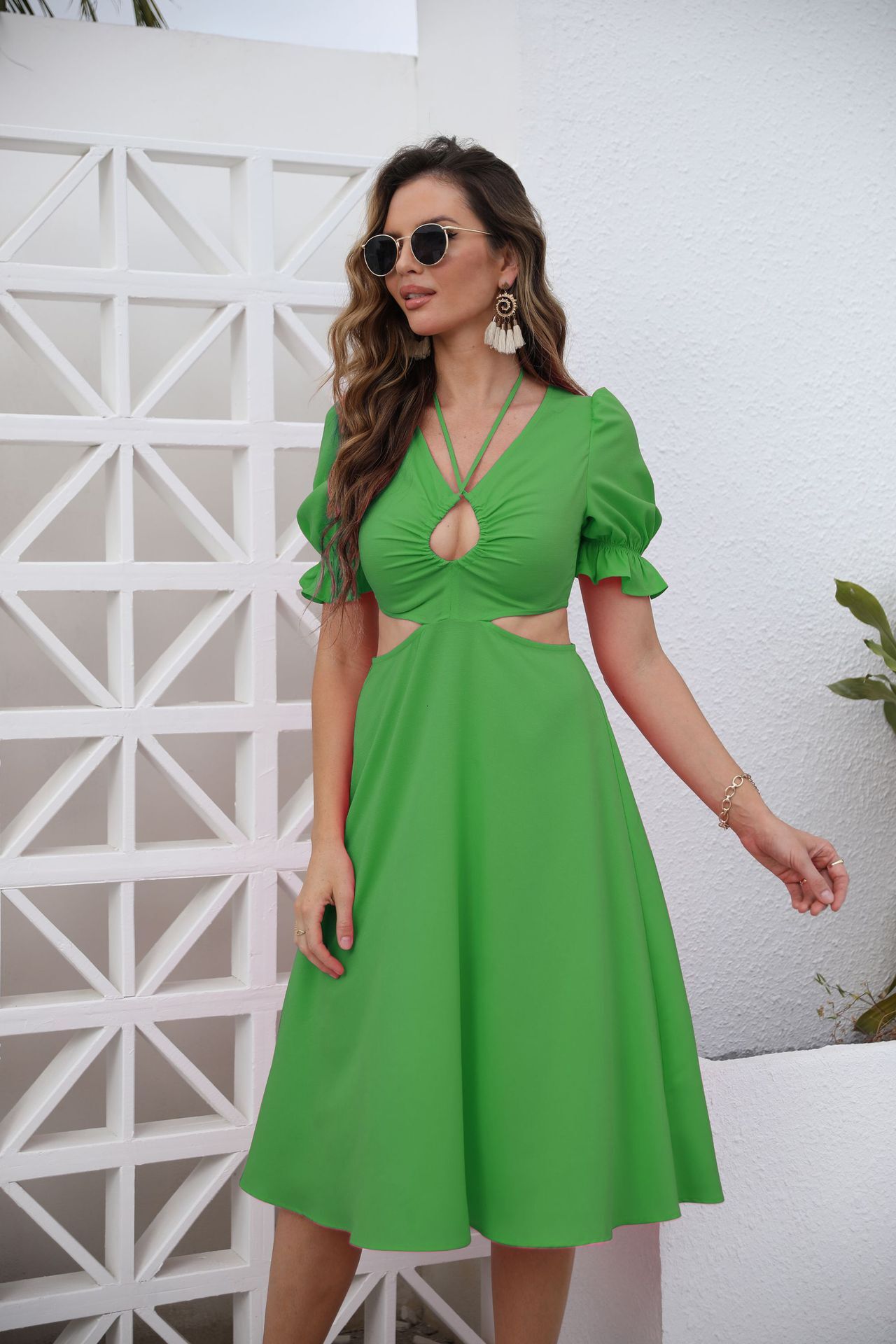 Spring and Summer New Womens Wear New Product V-Neck Slim Fit Dress Solid Midlength Dress