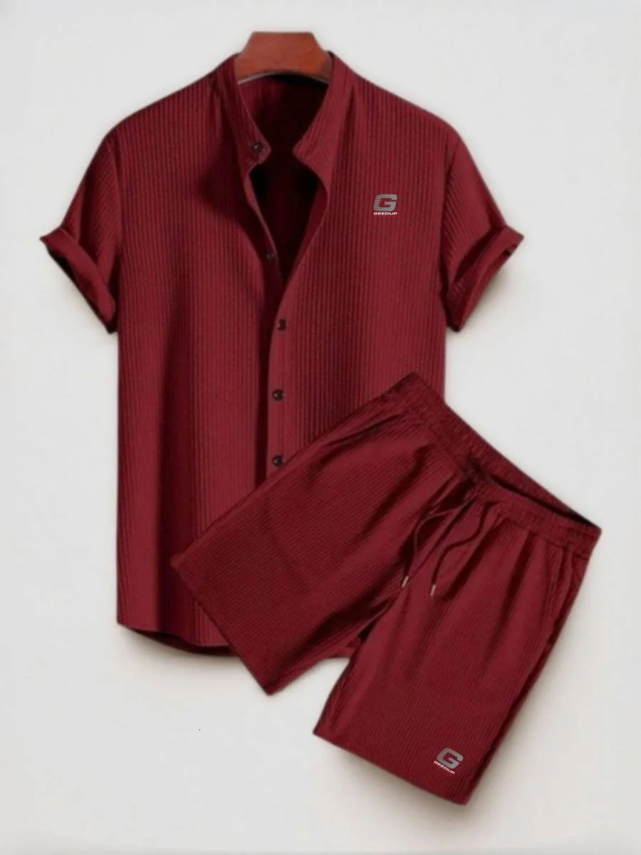 2025 Mens Casual Loose Multicolor Beachwear Corduroy Short Sleeve Shorts TwoPiece Set Hanstyle Collar Applique Top 250519