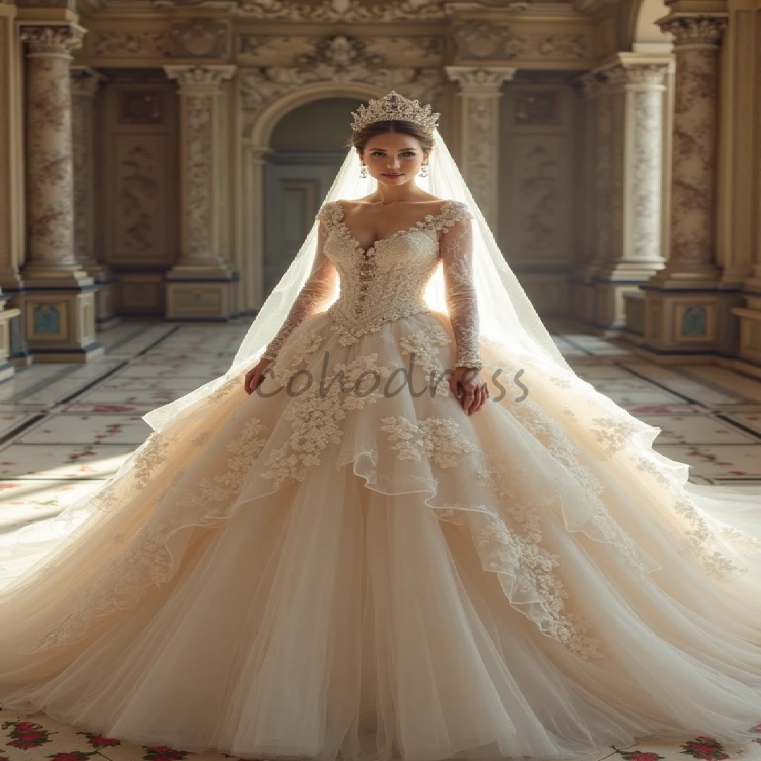 Princess Lace Wedding Dress 2025 Celestial V Neck Long Sleeve Country Bridal Dress Ball Gown Church Bride Dress Empress Glamorous Appliques Vestio De 