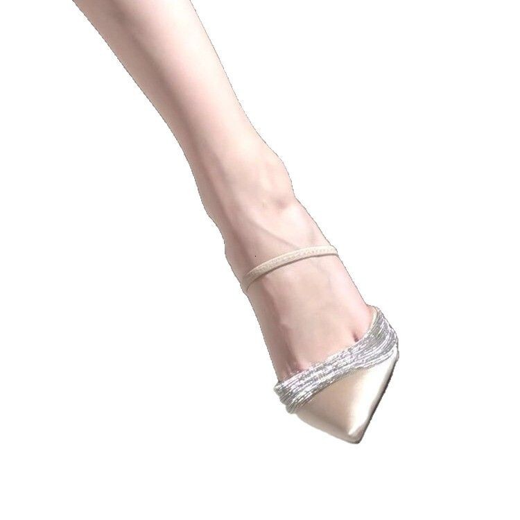 French Satin Pointed Rhinestone Toe Cap Straight Strap Sandals And Slippers For Two Parties Champagne Colored Slim Heels High Heels For Women Ddmysatu