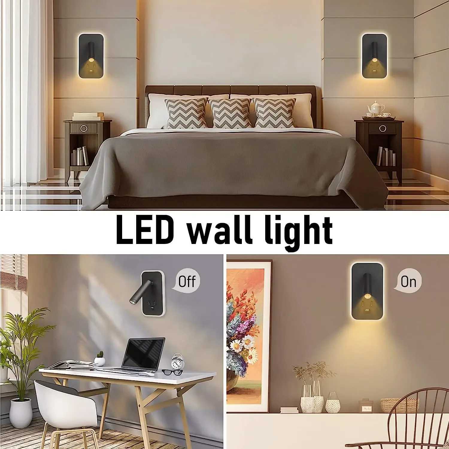 Bedside Wall Lamp LED Wall Light Wall Mounted Reading Light with Switch and USB Port Rotatable Wall Sconce Wall SpotlightXJ250526