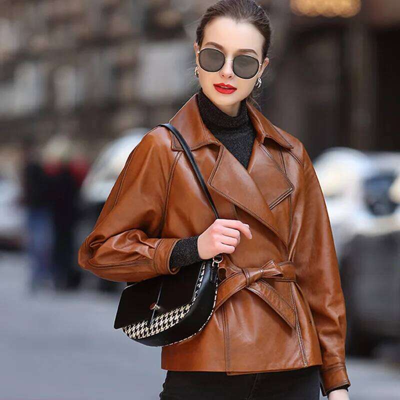 Women's Red Leather Jacket, Motorcycle Coat, Genuine Tops, Belt, Short Sheepskin Jacket,Autumn And Winter