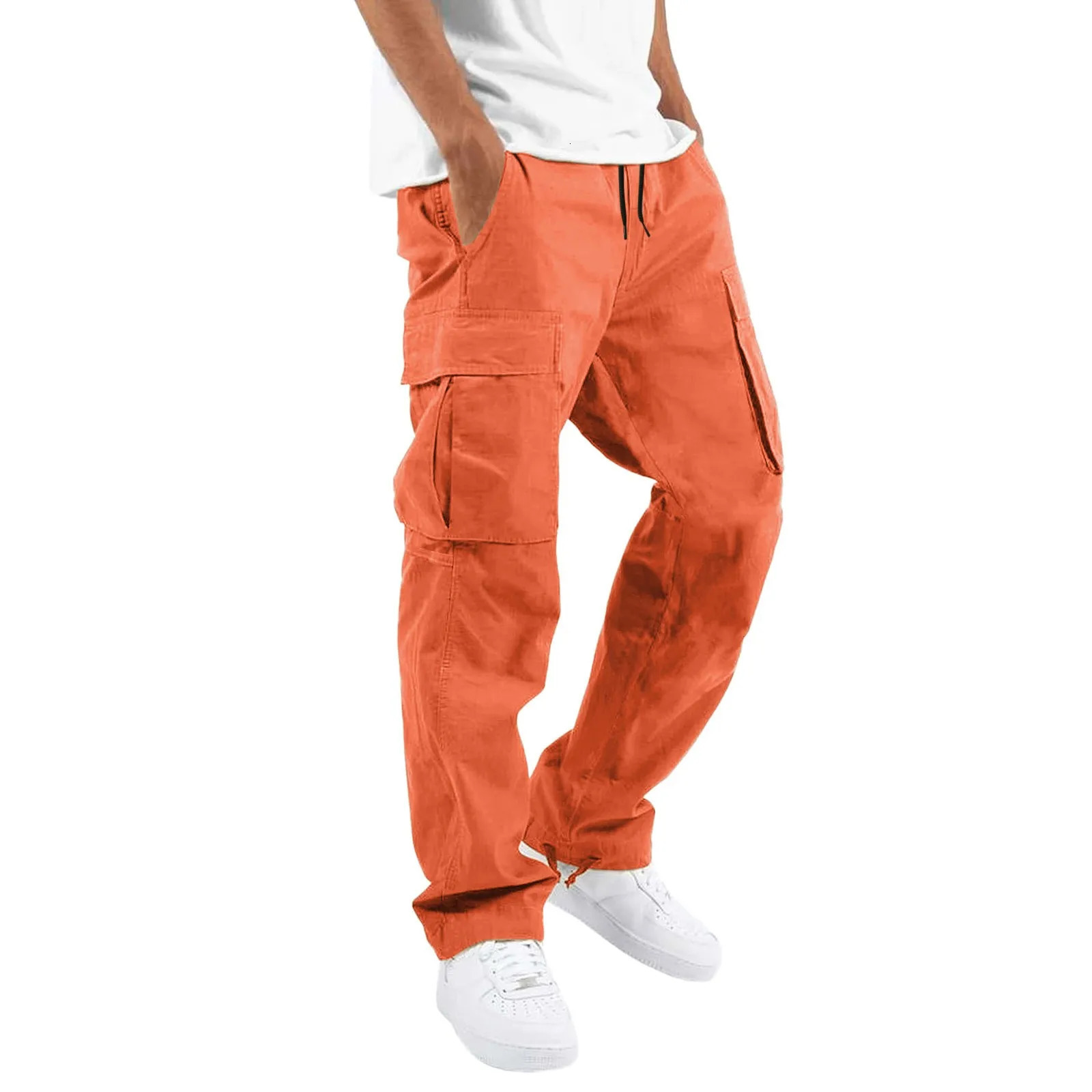 Orange Cargo Pants Men Streetwear Casual High Waist Solid Color Sports Pants Multi Pockets Jogging Hip Hop Cargo Trousers Men 250526
