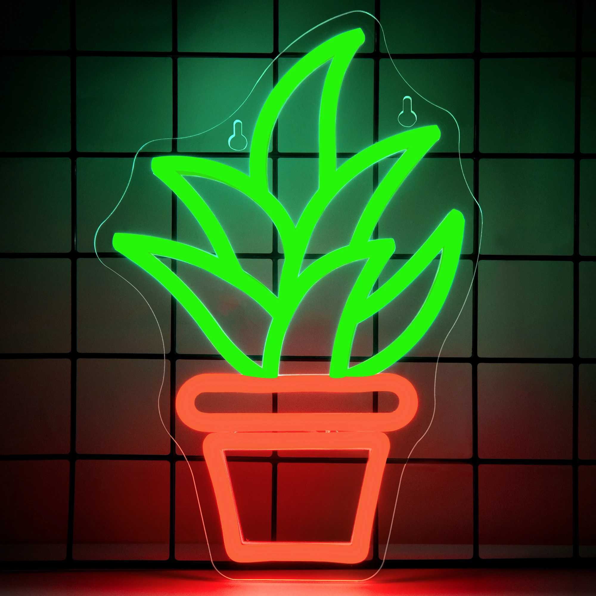 Plant Neon Sign Potted Plant Neon Lights Sign Green Leaf Neon Sign LED Light up Signs for Wall Decor Bedroom USB Powered W250526