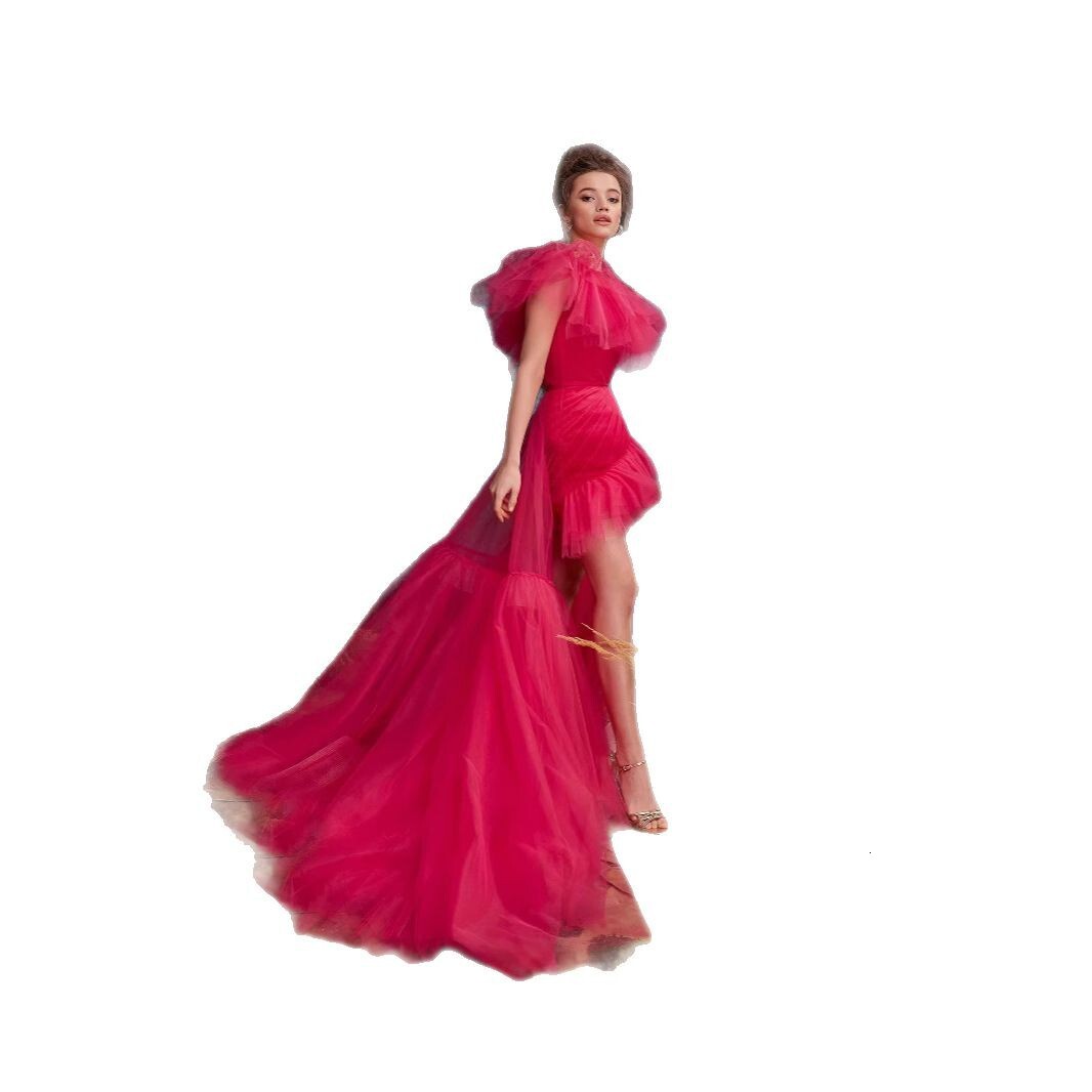 New Solid Color Single Shoulder Spring/Summer Mesh Tailored Banquet Slimming Hip hugging Evening Dress Set Two Piece