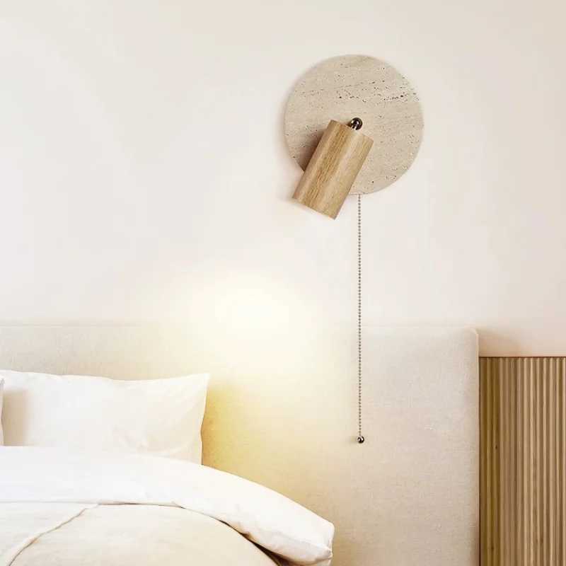 Bedroom Beside LED Wall Lamp Round Stone Reading Light Rotatable Spot Lights With Pull Switch Walnut Log Wood Color HomeDecorXJ250526