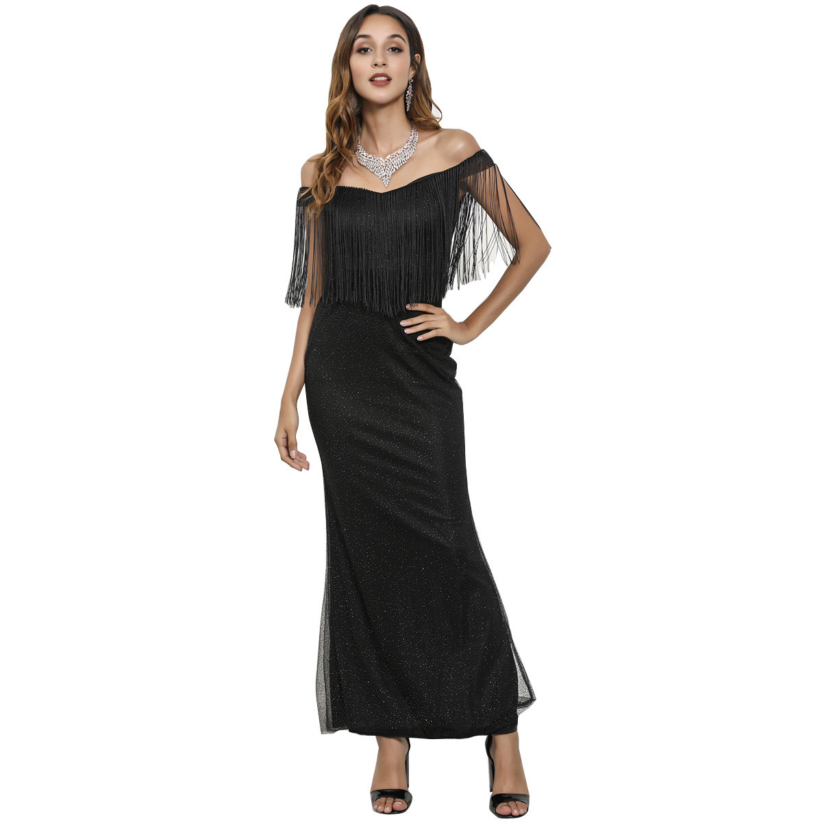 Dresses with tassels sexy off shoulder slim fitting buttocks wrapped dress long skirt