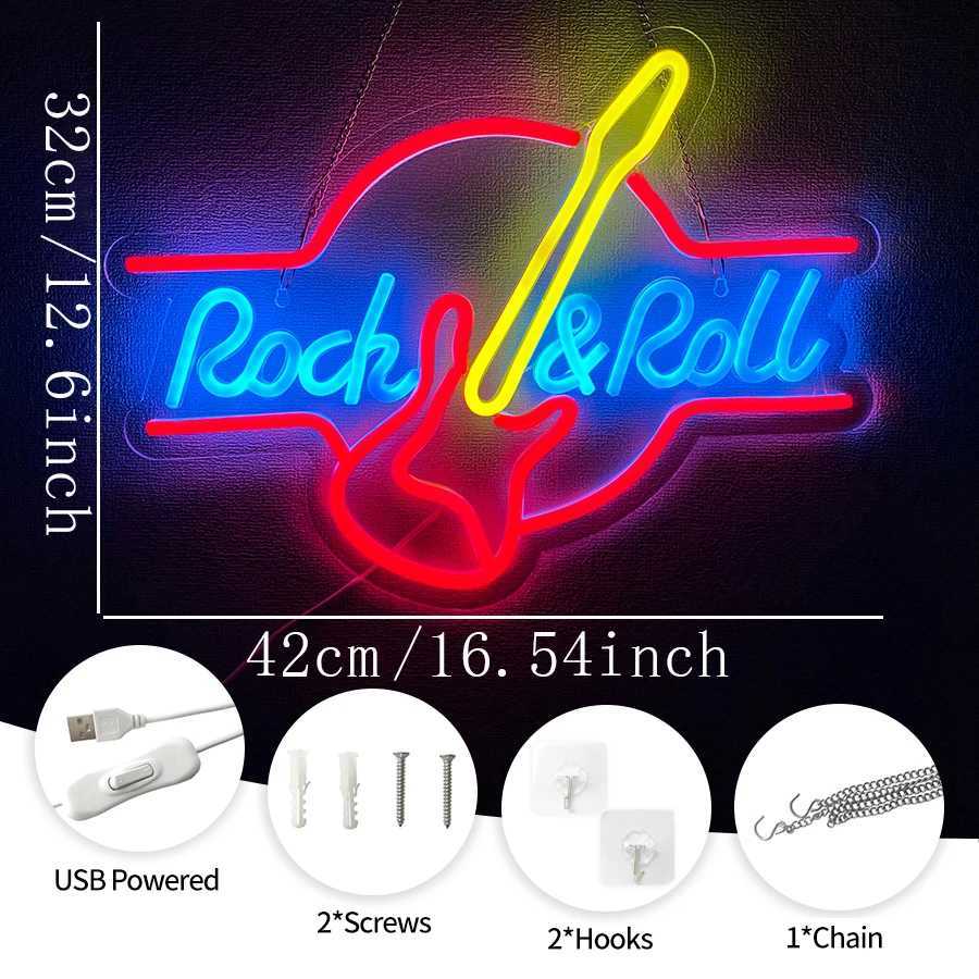 Rock Roll Music Neon Sign LED Guitar Icon USB Powered Used for Music Studio Live Music Recording Studio Background Decor. W250526