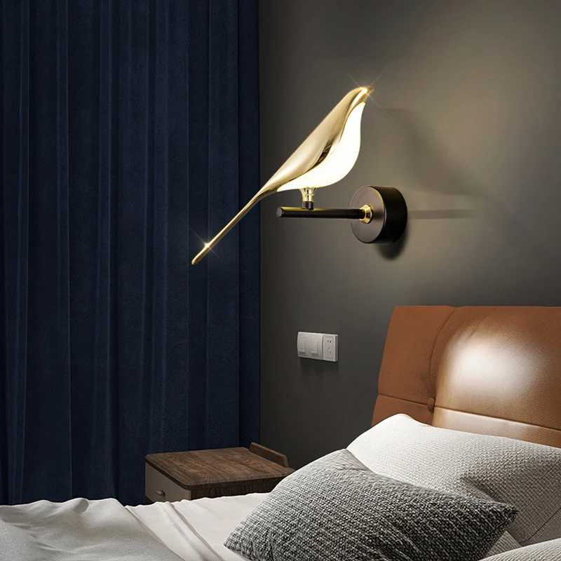 Nordic Touch Switch LED Wall Lamps for Bedside TV Background Gold Silver Magpie Bird LED Wall Lights Wall Sconce for CorridorXJ250526