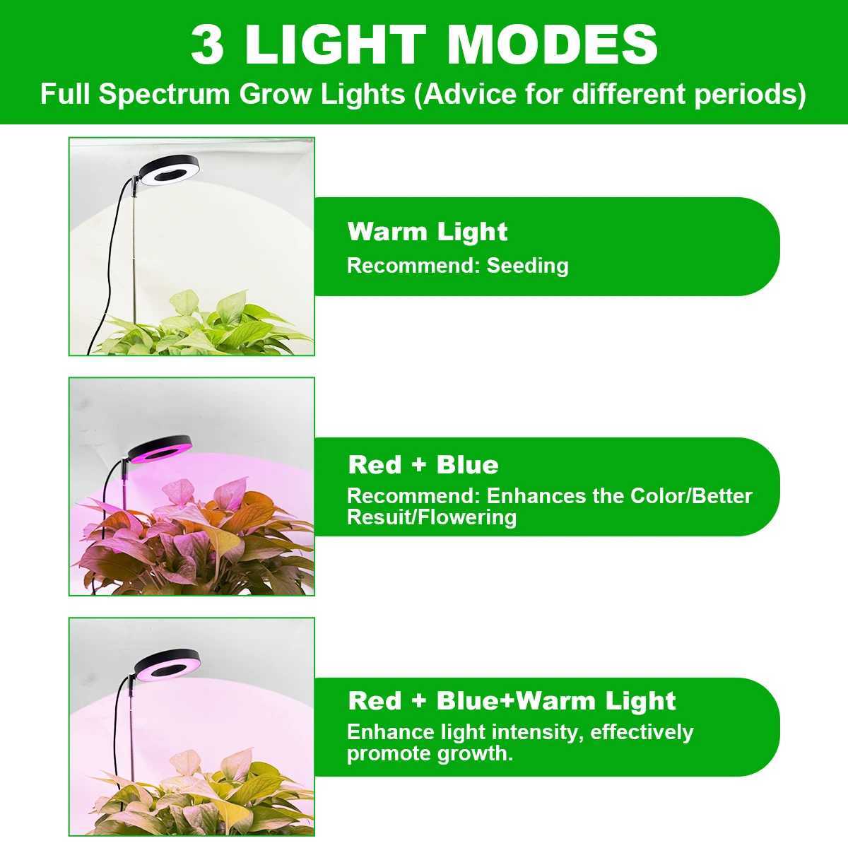 Three color with base plant light Full spectrum LED indoor plant growth light 3/9/12 timing height adjustable 10 levels dimming.XJ250526