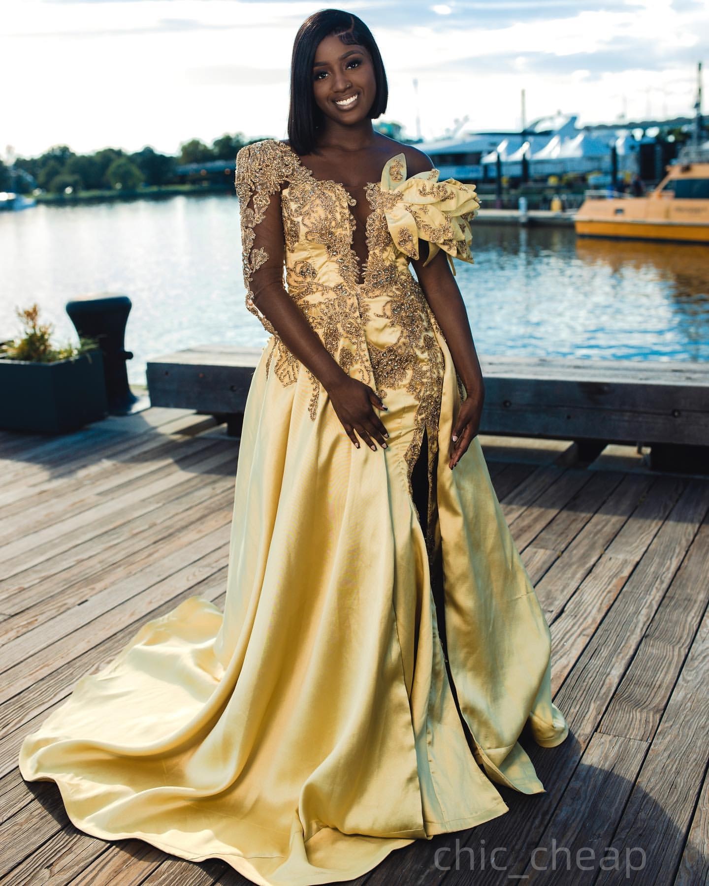 Gold Mermaid Prom Dresses 2025 Crystals Lace Satin One Shoulder Evening Formal Party Second Birthday Engagement Gowns Plus Size Dress For Special Occa