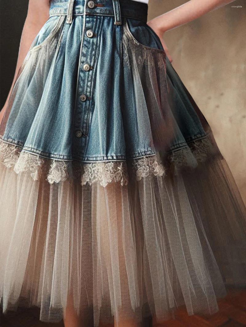 Casual Dresses Boho Chic Womens High Rise Denim Midi Skirt Lace Tulle Patchwork Design Vintage A-Line Streetwear Fashion Summer 2025