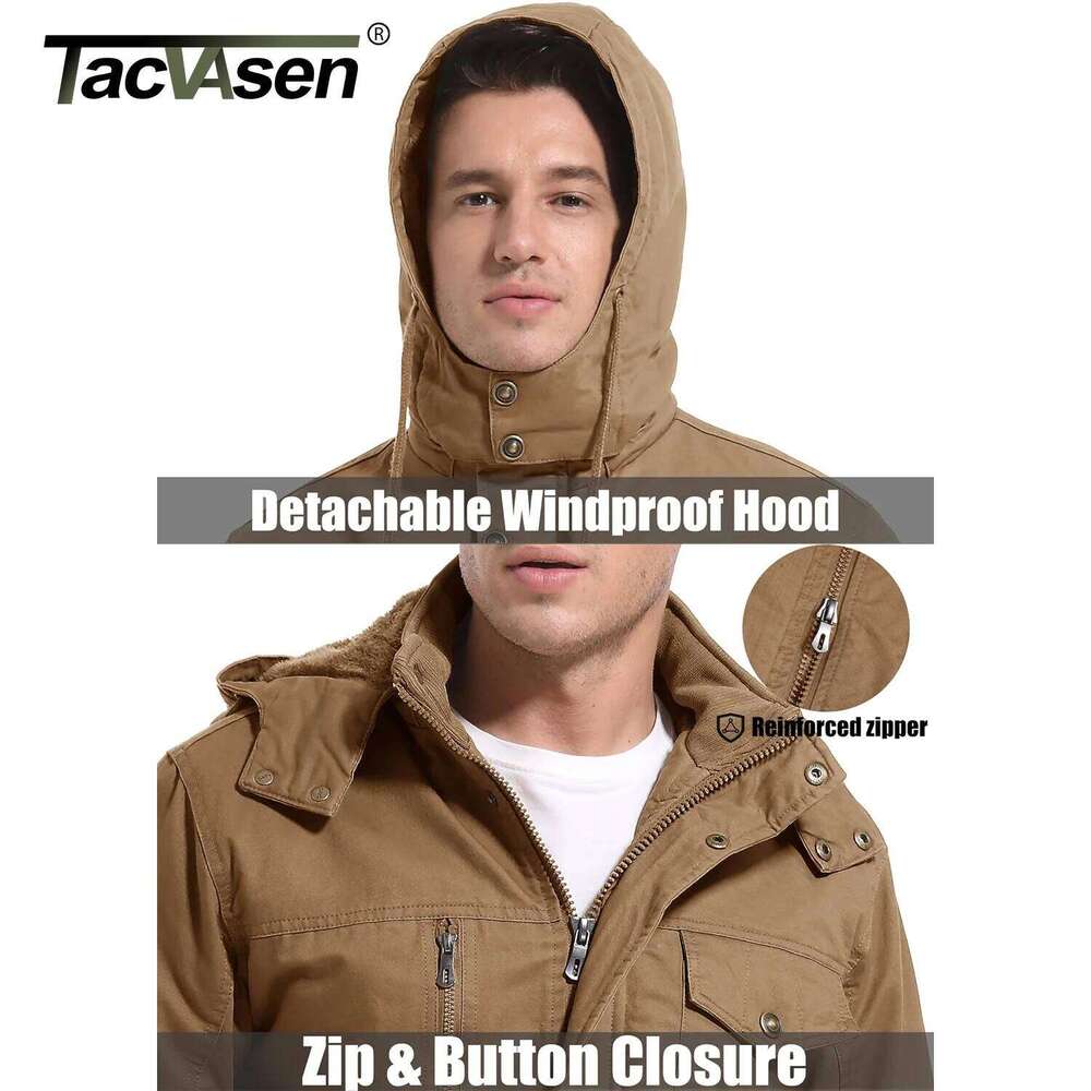 TACVASEN Winter Fleece Cargo Jackets Mens Thermal Lined Warm Work Jacket Removable Hood Windproof Coats WIndbreaker Parka Man
