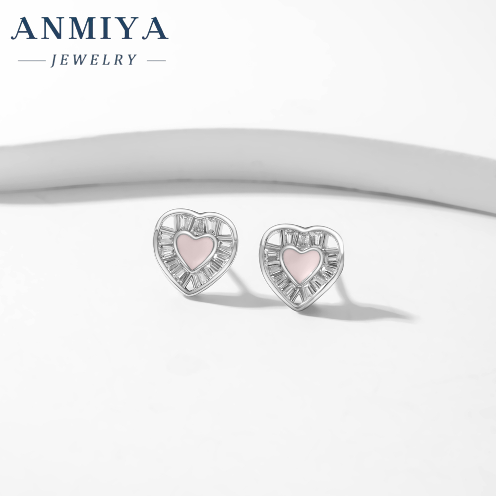 INS Hot Sales Fine Jewelry 925 Silver pink Heart Shape Stud Earrings for Girl Gift Lover Best Gift