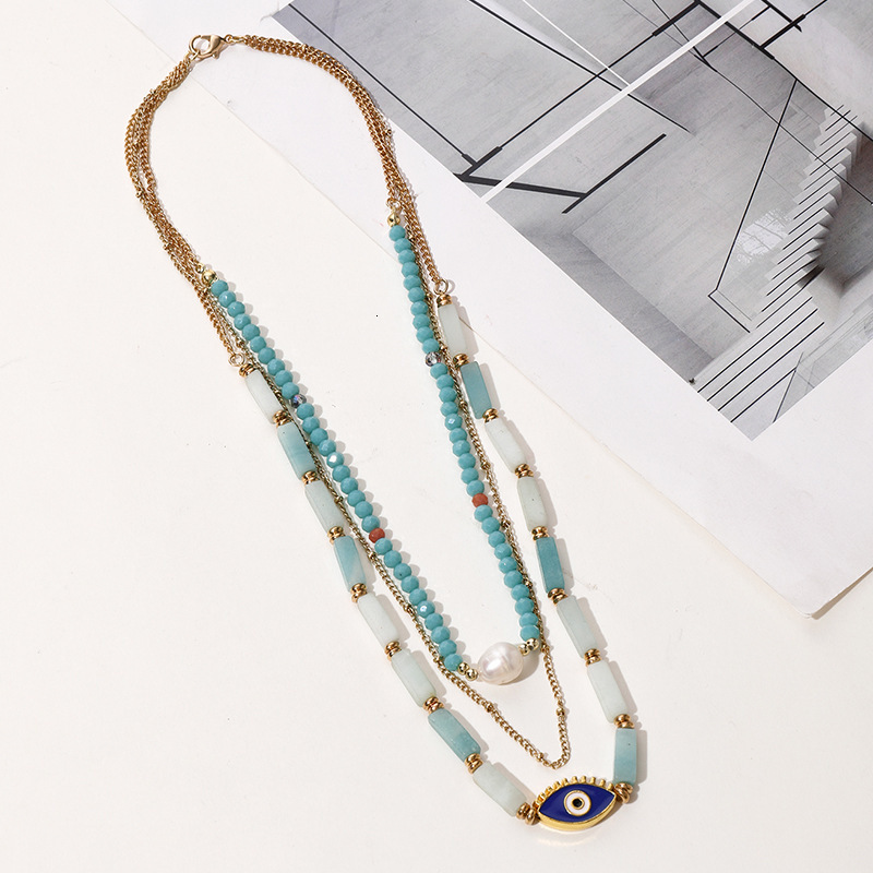 Korean version of multiple necklaces, Devil's Eye necklace, personalized colored beads, natural stone