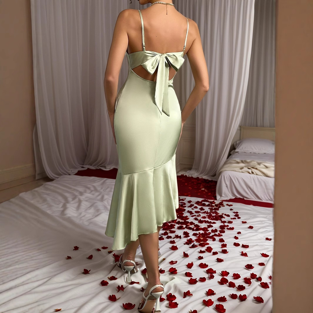 2025 ruffled satin dress for womens new light luxury niche new French fishtail dress