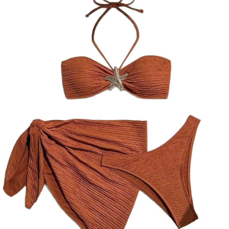 Free Shipping 2025 New Designer Solid Color Swimsuit Three Piece Set Strapless Beach Skirt Bikini Women