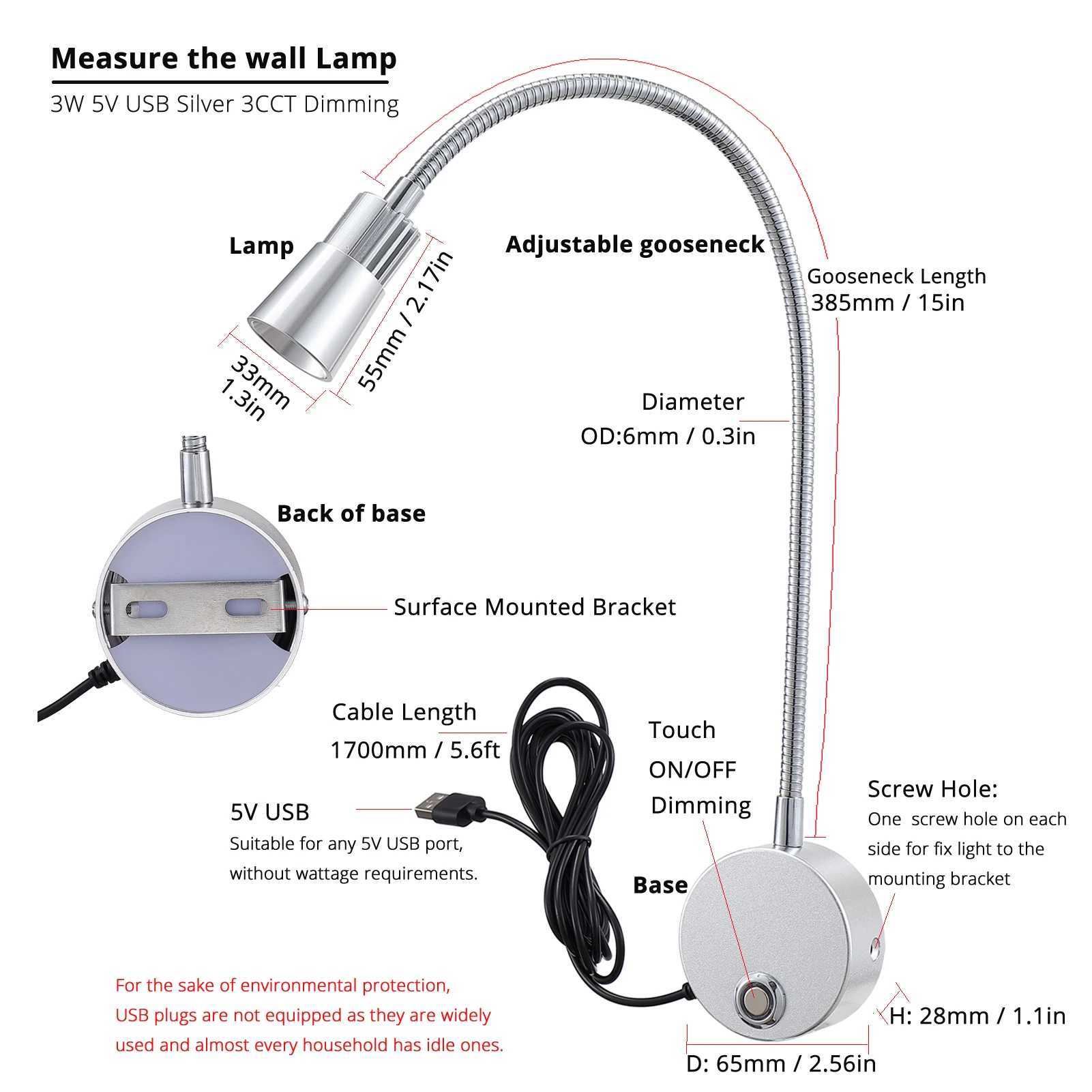 5V USB 3CCT Dimmable Wall Lamp CRI98 RG0 Bedside Reading Lamp Working Spot Light 15 Gooessneck AdjustableXJ250526