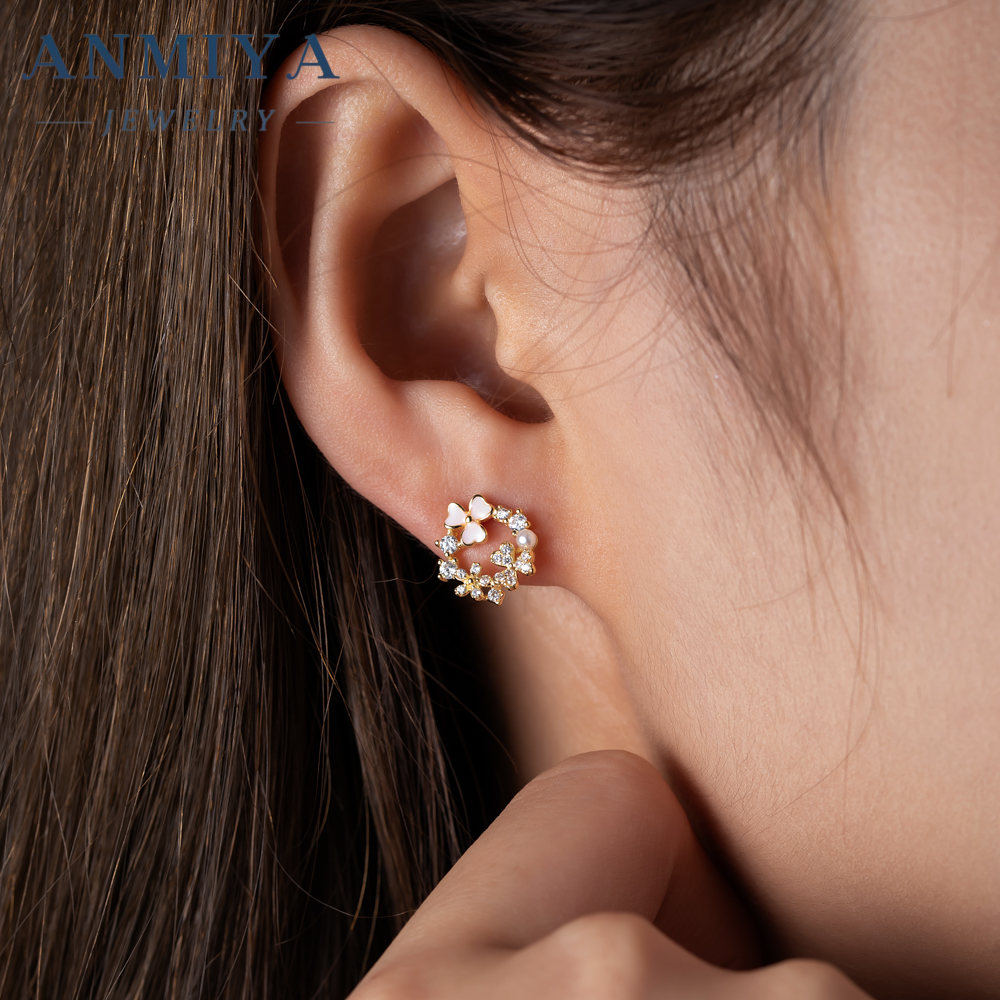 Niche 925 Sterling Silver Fashion pink Clover Pearl Zircon Stud Earrings