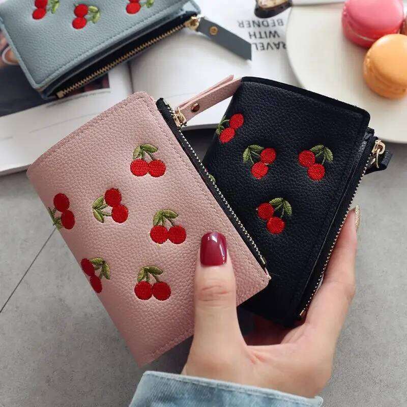 Women Vertical Buckle Cherry Embroidered Small Short Simple Wallet Girls Zipper Purse