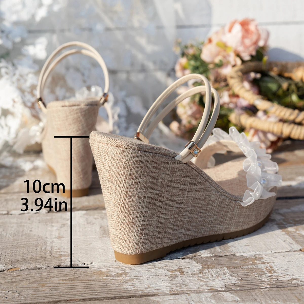 Women Summer Platform Wedges Open Toe Sandals Fashion High Heel Dress Shoes Lace Pleated Detail Pearl Decor Woman Slippers 250526