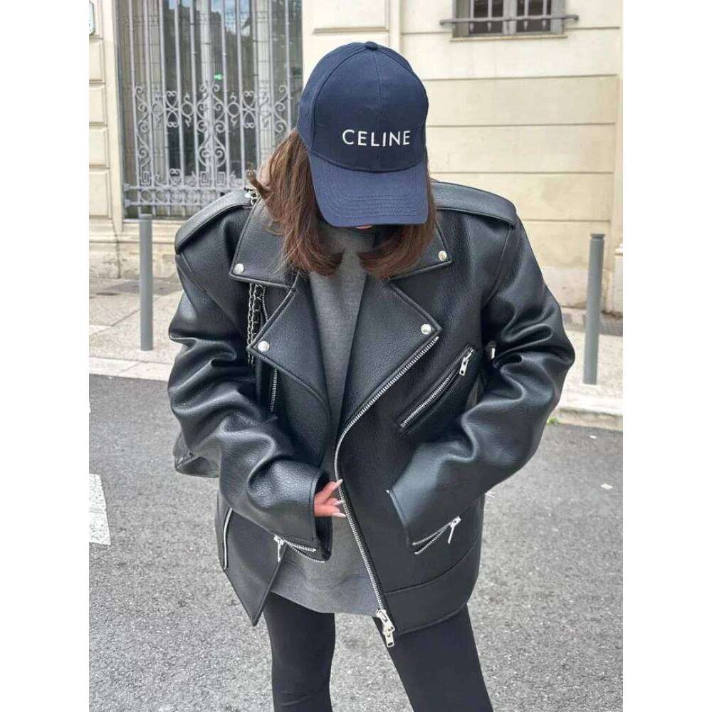 Vintage Pu Leather For Women Turn-down Collar Loose Jackets Zippers Motorcycle Female Coats 2024 Autumn New Lady Outerwears