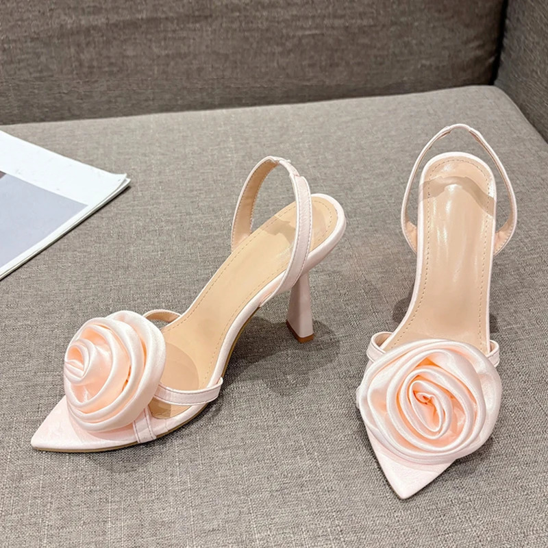 Likes Summer Fashion Silk Rose Flowers Pointed Open Toe Back Strap Sandals Women Red High Heels Wedding Prom Shoes Zapatos Mujer 250526