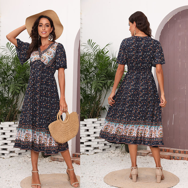Spring/Summer New Womens V-neck Short Sleeve Dress Printed Mid length Dress