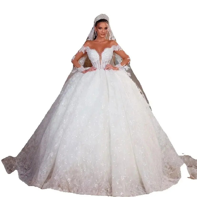 Modest Off The Shoulder Wedding Dress Ball Gown Elegant Appliques Lace Bridal Dress Customized Beads Sequined vestidos de novia