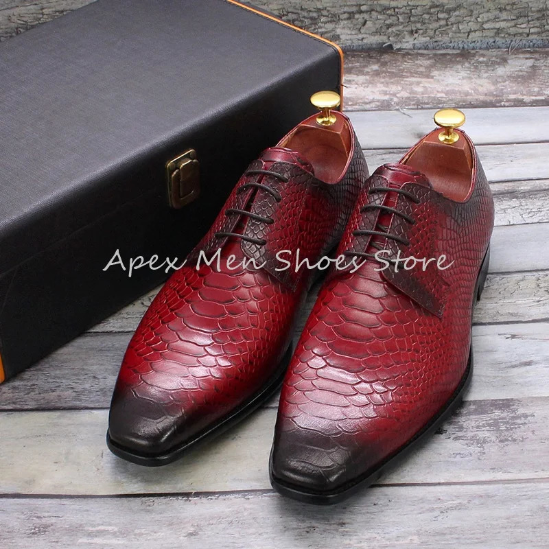 Mens Red Snakeskin Oxfords Round Toe Formal Shoes Handmade Lace Up Pattern n Genuine Leather Business Derby Shoes 250526