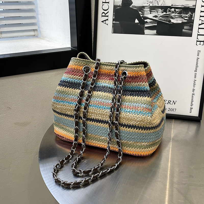 Free Shipping Designer Bag Women's Summer Woven Shoulder Bag Rainbow Striped Grass Woven Bag Large Capacity Chain Shopping Bag Leisure Vacation B