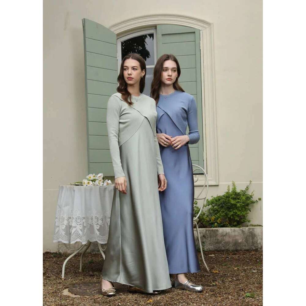 Hot Tight Dresses AS Spring Summer Elegance Satin Dress Knitted Top Match Set Maxi Floor Length Woman Clothes Casual Knee Length Dresses