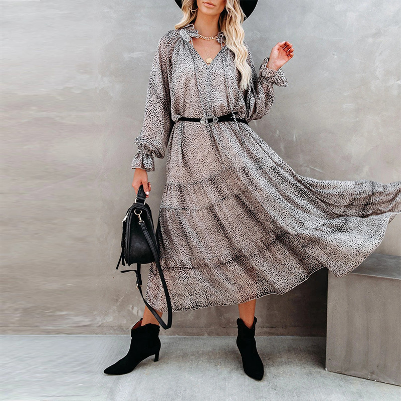 New Womens Wear New Product V-Neck Long Sleeve Dress Loose Dotted Midlength Dress