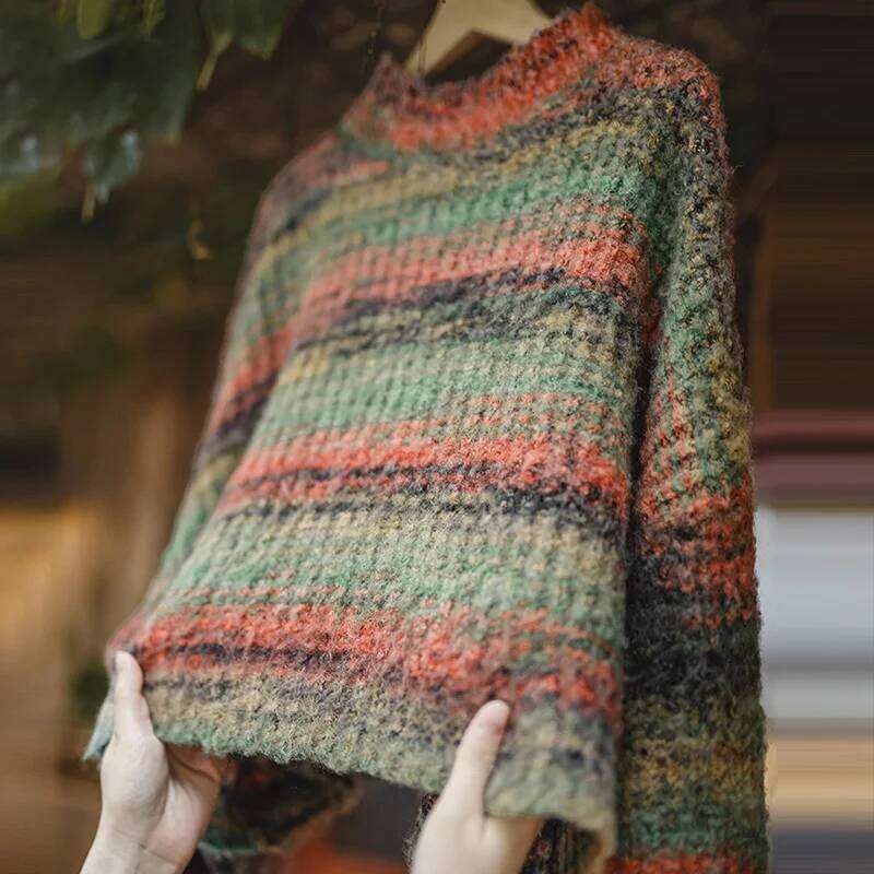 Maden Gradient Wool-Blend Knitted Sweater Vintage Crew-Neck Short Pullover Women's Versatile Top For Fall And Winter Knitwear