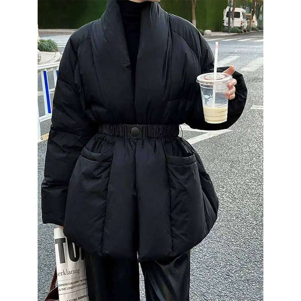 LANMREM V-Neck Waist Wrapped Down Coat Female Long Sleeves Solid Color Belt Warm Fashion Streetwear Coats 2024 Winter 2Da8029