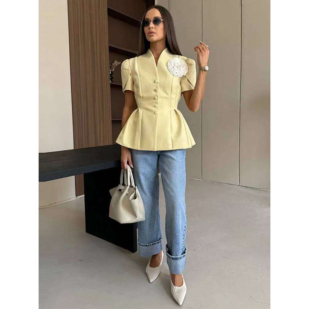 Elegant 3D Flower Women's Short Sleeve Top Coat Slim Stand Single-breasted Peplum Hem Jacket 2025 Summer New Commute Outerwear