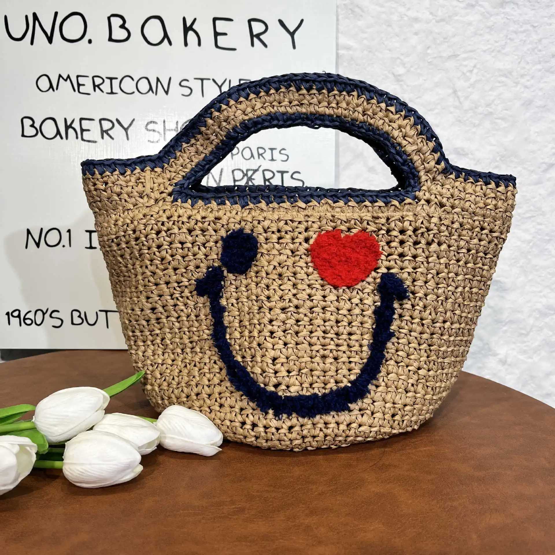 New Arrival Straw Woven Handbag Cute Smiling Face Bucket Knitted Bag Summer Beach Top-Handle Totes Ladies Travel Shopping Purse W250524