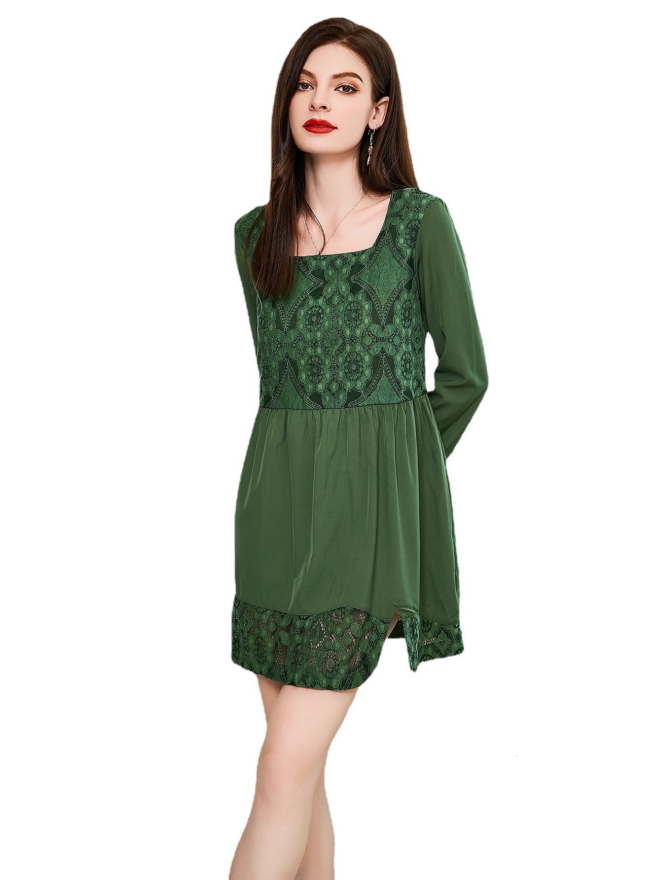 Spring and Summer New Womens One Line Neck Long Sleeve Dress Lace Midskirt