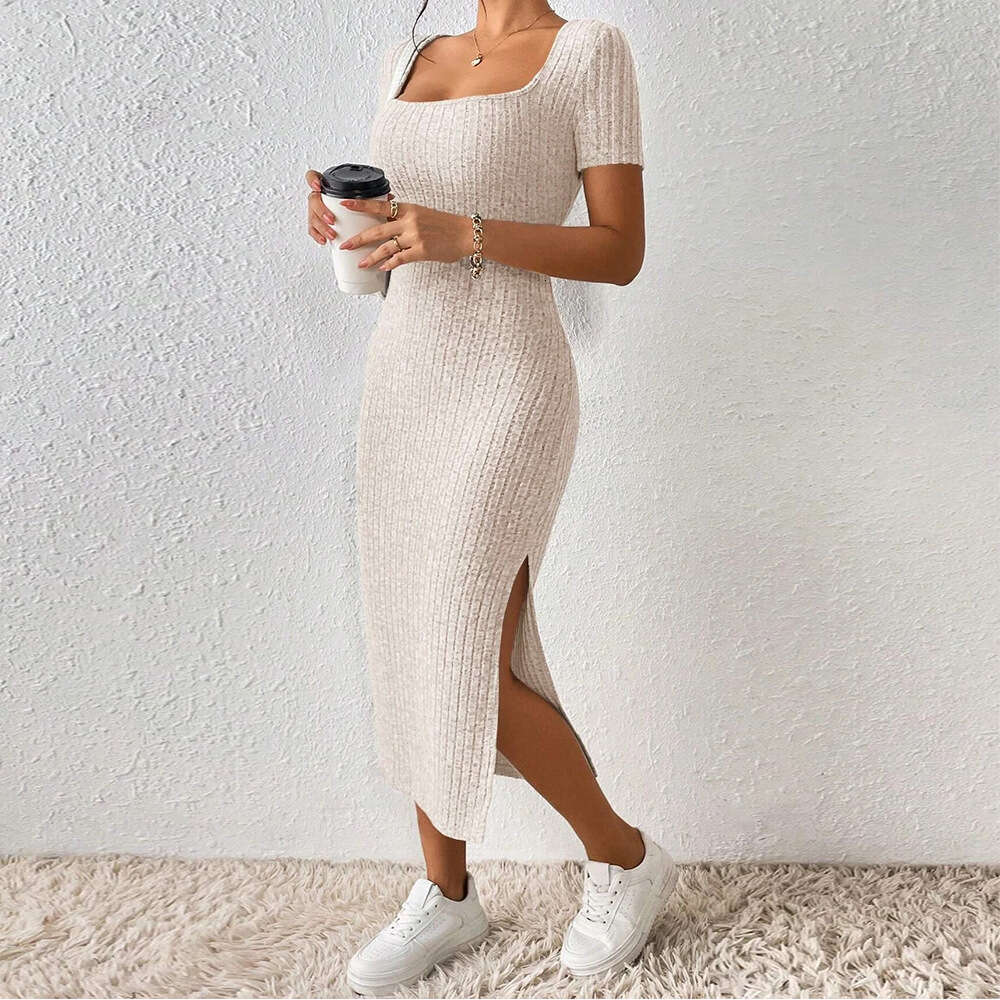 Tight Cut Out Dresses New Slit Slim Fit Bodycon Short Sleeve Square Neck Knitted Dress For Women PG Sexy Dress