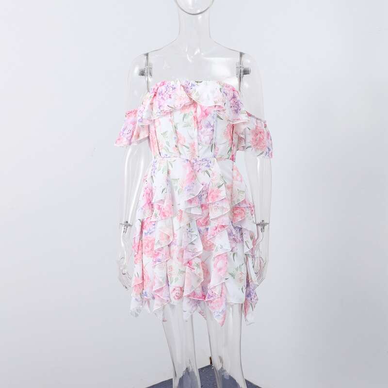 Backless Sexy Dress Pink Deep V Neck Spring New Socialite Style Printed Short Dress Sexy Flowy Dresses