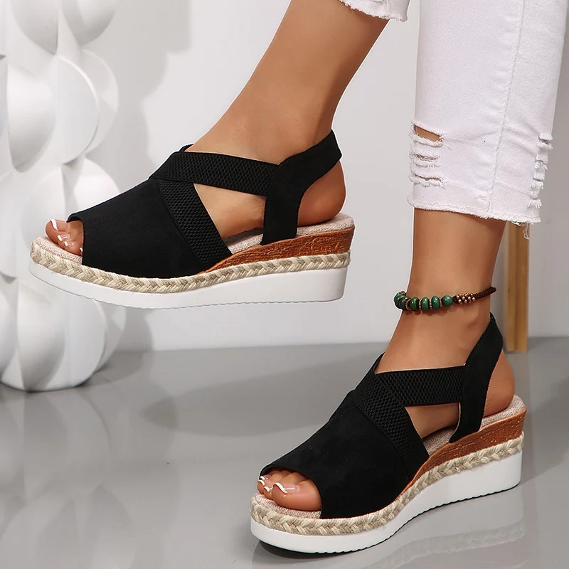 Comfortable Elastic Band Wedges Sandals Women 2025 Plus Size 36-43 Platform Rome Sandles Woman Lightweight Summer Beach Shoes 250519