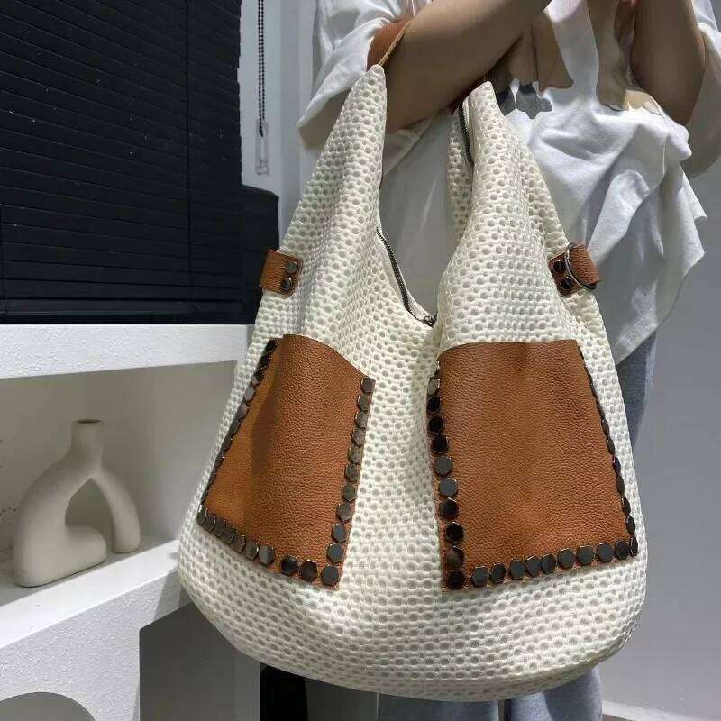 Women's Bags Designer Women's Fashionable Retro Mesh Patchwork Cowhide Tote With Large Capacity Single Shoulder Crossbody Carrying Bag