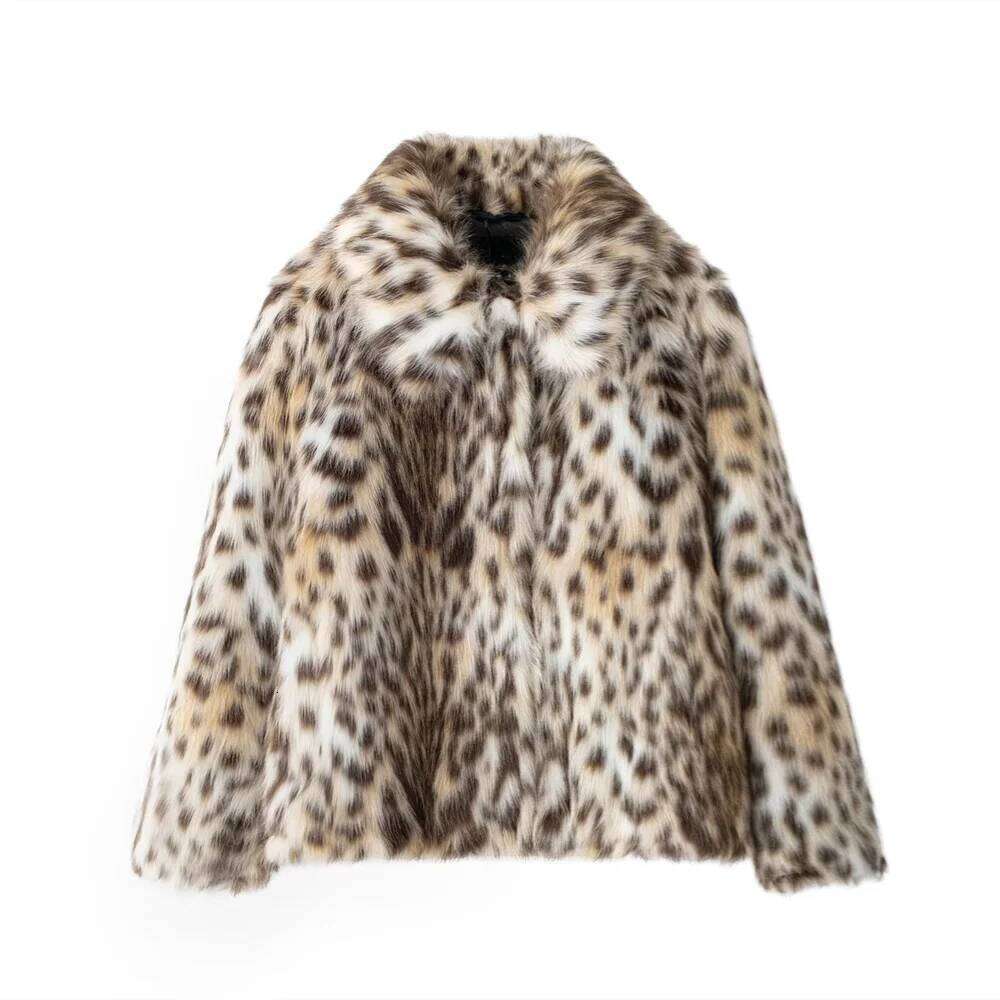 PB&ZA2024 Winter New Women's Clothing Style Simple and Premium Fur Effect Flip Collar Long Sleeve Leopard Pattern Hairy Jacket