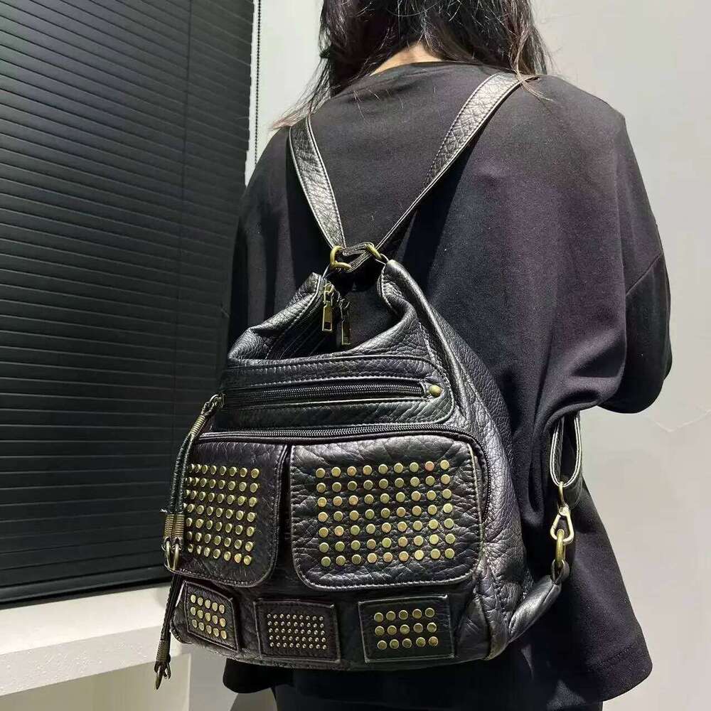 Women's Bags Designer Ladies' Fashion Y2k Rivet Hot Girl Washed Motorcycle Large Capacity Vintage Single Shoulder Tote Bag