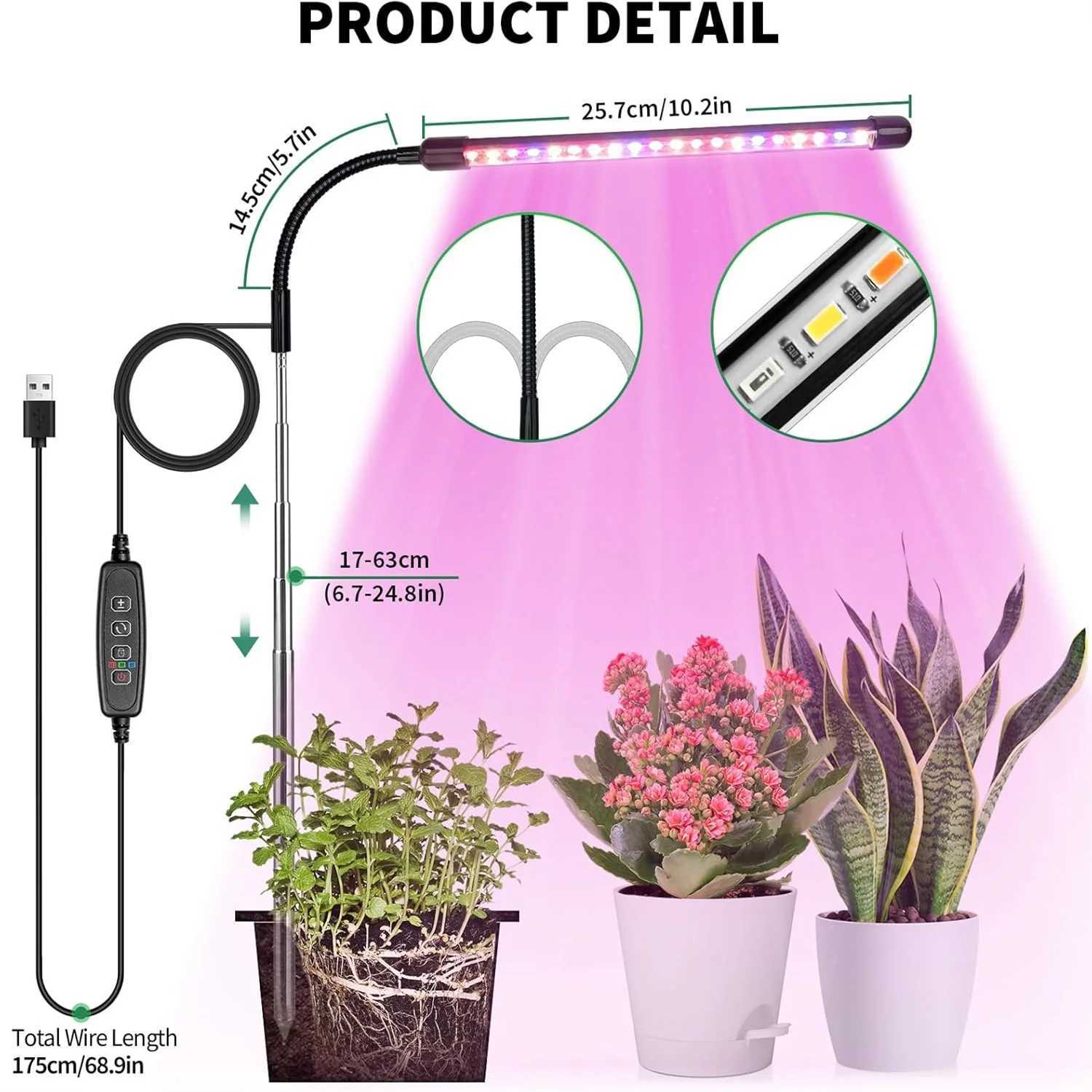 3Colors USB Grow Lamp Plant Full Spectrum Growth Light 5V Timed Dimming Switch Plug-in Telescopic Tube Indoor Plant LightingXJ250526