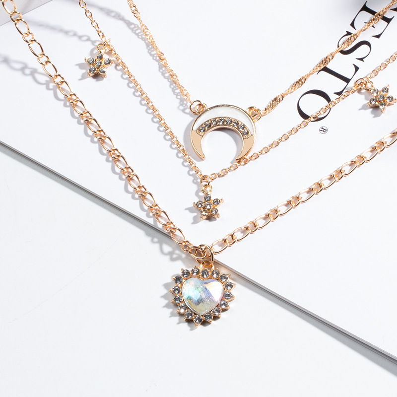 New Alloy Jewelry Fashionable Individual Heart Moon Crystal Multi Layer Necklace for Women Elegant and Versatile for Socialite Street Snaps