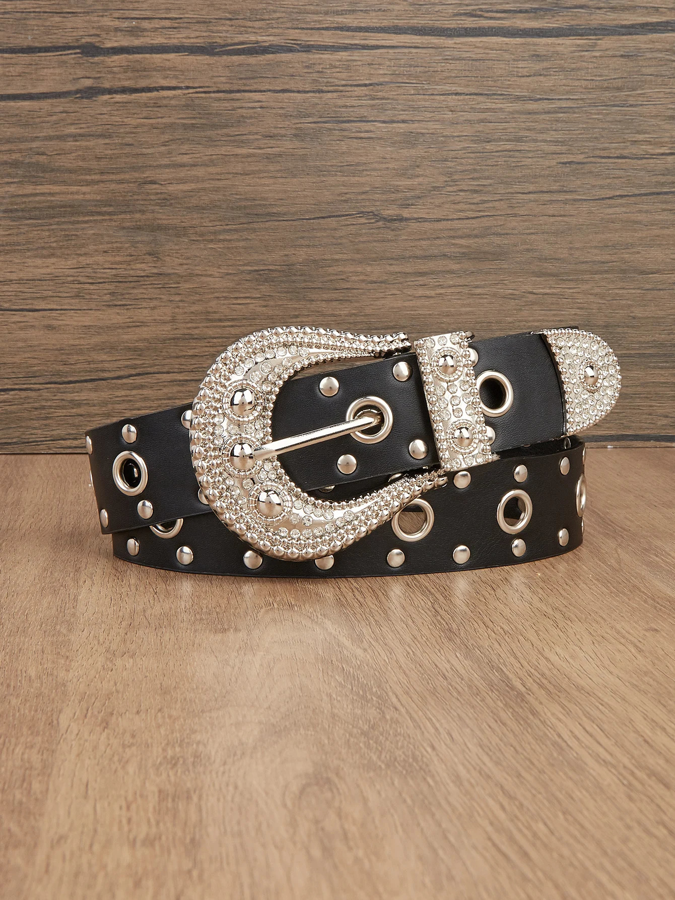 1pc Mens Western Style Distressed Texture Rhinestone Pearl Embellished Hollow Buckle Denim Belt Summer Casual Accessory 250520