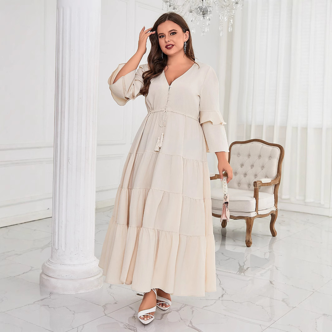 2025 Spring/Summer New Womens Fashion Casual Solid Color Big Swing V-neck Skirt