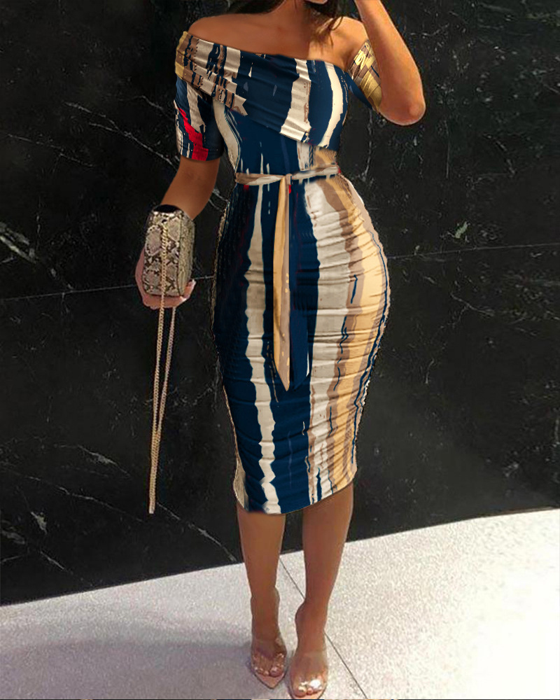 New slim fit printed hip hugging dress with slanted collar short sleeves and waistband mid length skirt