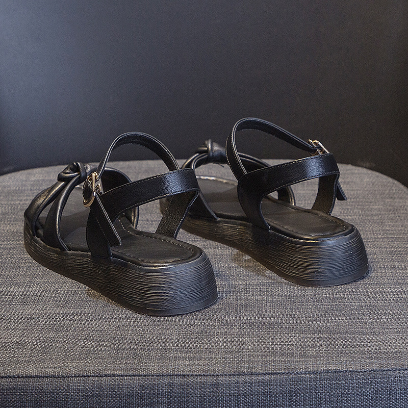 Slope heel sandals, female fairy style, 2025 summer new item, cowhide beach shoes, student soft leather, soft sole, plus size women's shoes Casua